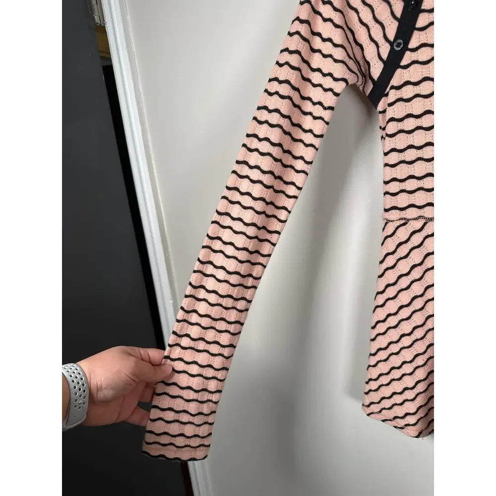 Free People Wavy Stripe Pointelle Peplum Long Sleeve Top‎ Size S Peach Black